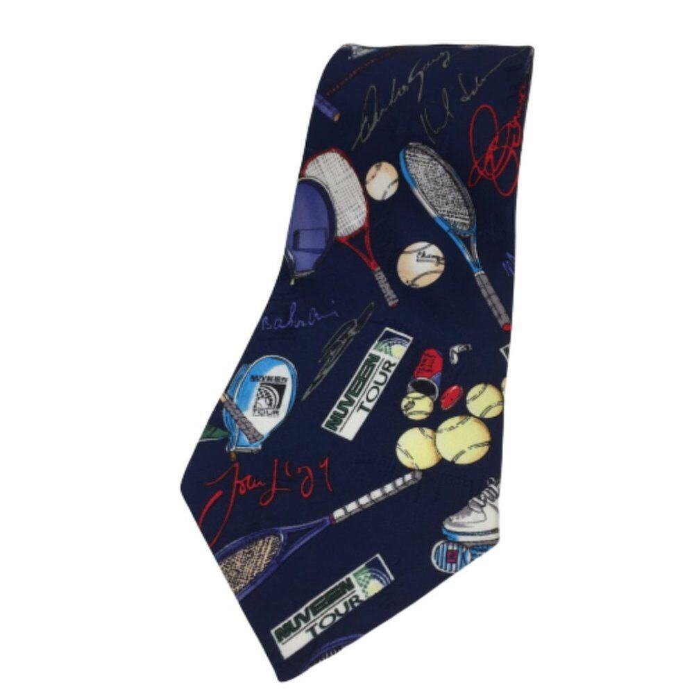 Nicole Miller Vintage Blue Sports Tennis Racket Balls Wide Width Silk Tie
